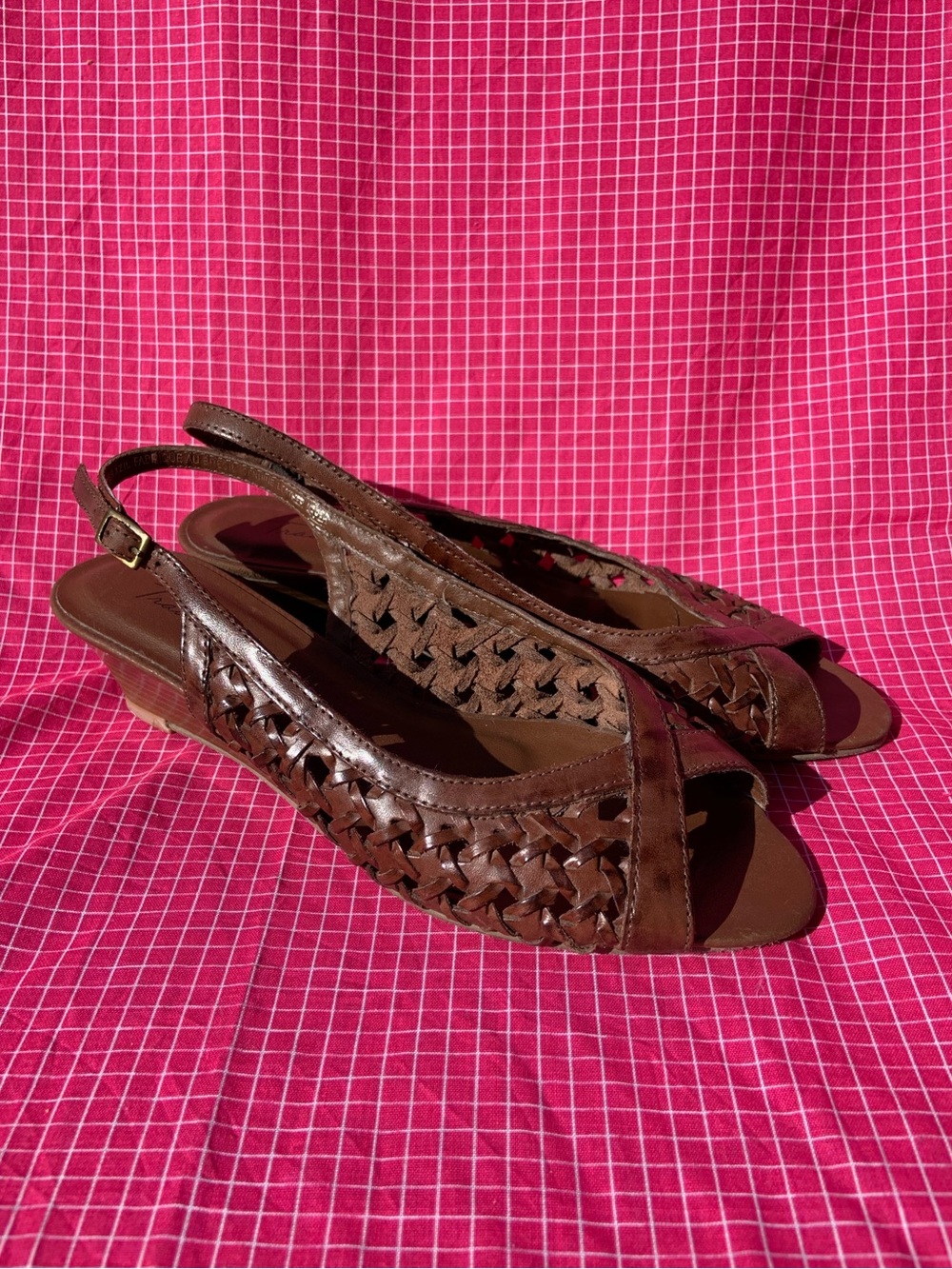 Vintage Tradition Women's Brown Leather Woven Slingback Wedge Sandals- Women’s 6